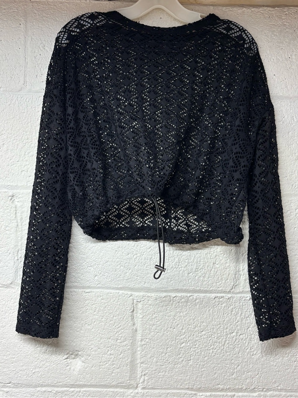 Black Crocheted Drawstring Long-Sleeve Top